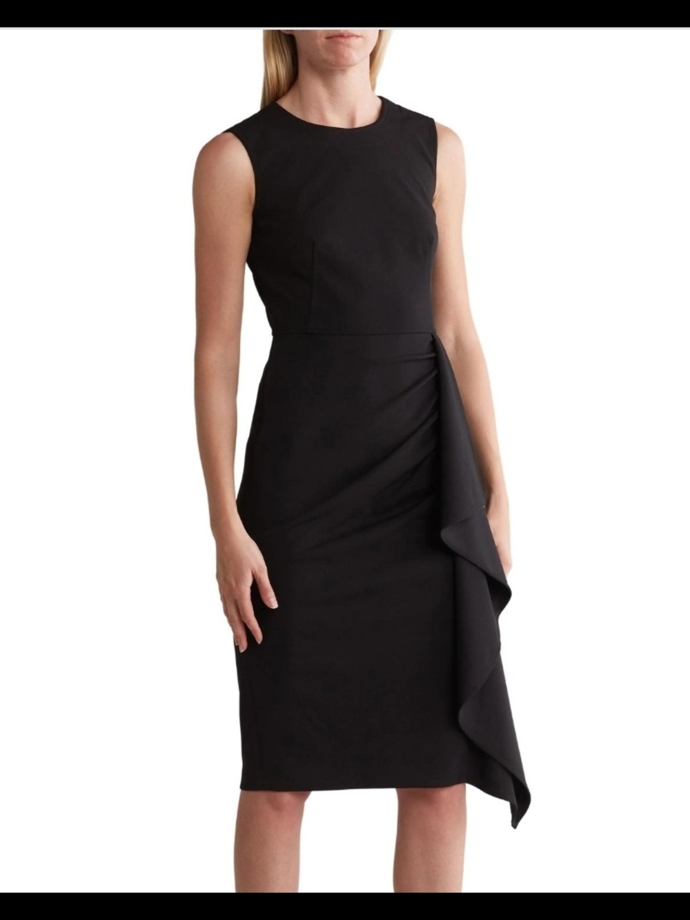 Calvin Klein Black Sleeveless Ruffle Sheath Midi Dress